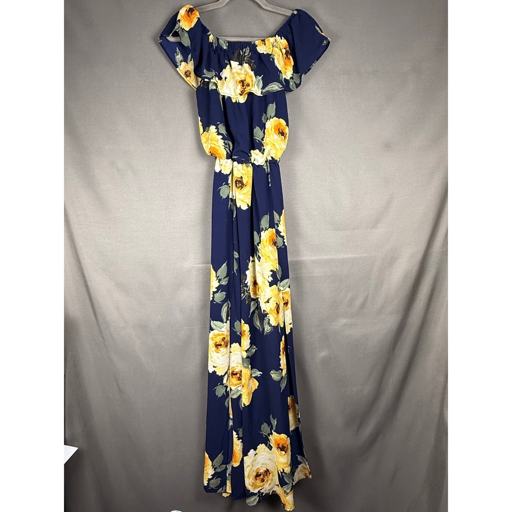 Premier Amour Maxi Dress Womens 4 Navy Blue Yellow Floral Off Shoulder Ruffle